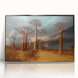 Art deco poster of Madagascar scenery in silver frame, acrylic, ideal for modern nursery decor.