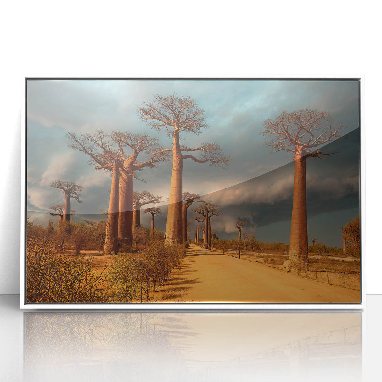 Large art print of a Madagascar landscape in mid-century modernist style, framed in white acrylic.