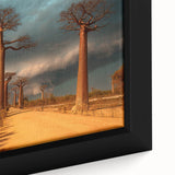 Extra large framed canvas featuring a textured, colorful African landscape with predominant black tones.