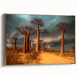 Landscape art painting of Madagascar scenery on framed canvas featuring colorful art with black and gold tones.