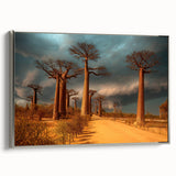 Vintage poster art of Madagascar scenery on framed canvas, featuring a colorful palette, ideal for living room decor.