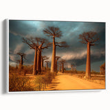Framed canvas depicting a vintage-style Madagascar landscape in muted earth tones, ideal for bedroom wall art.