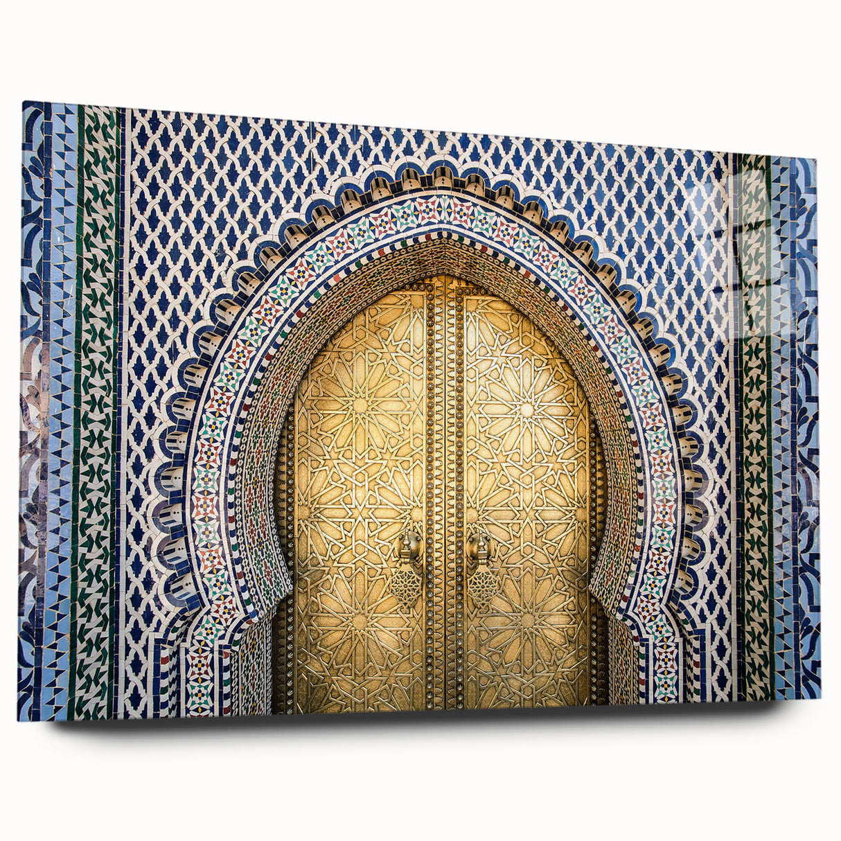 Large abstract wall art depicting a Moroccan scenery in muted earth tones on acrylic glass.