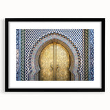 Extra large abstract art print of a colorful Moroccan landscape on textured canvas, framed in black.