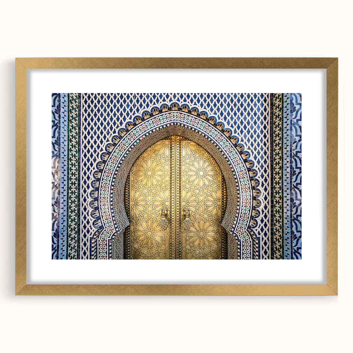 Textured art print of abstract Moroccan scenery in gold frame, featuring earthy tones, ideal for bedroom art.