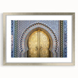 Abstract art print of a Moroccan landscape in muted earth tones on a framed canvas, ideal for dining room decor.