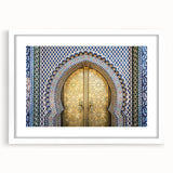 Extra large abstract art print depicting a textured Moroccan landscape in earth tones, framed with a white mat.