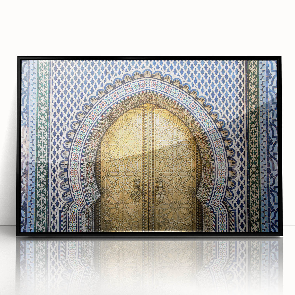 Large abstract wall art depicting a Moroccan landscape in muted earth tones, framed in black acrylic.