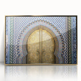 Mid-century modernist art depicting a Moroccan landscape in muted gold tones on a framed acrylic panel.