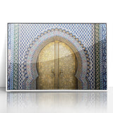 Large framed acrylic print depicting a Moroccan landscape in muted earth tones, ideal for modern nursery wall art.