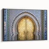 Black and white landscape art painting of a Moroccan scene on framed canvas, ideal for bedroom wall decor.