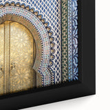 Extra large framed canvas featuring a textured Moroccan scenery in black with colorful accents, ideal for living room decor.