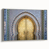 Vintage poster art of a Moroccan scenery in vibrant colors on a large framed canvas, suitable for living room decor.