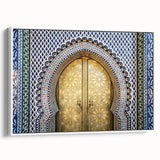 Framed canvas depicting a vintage Moroccan landscape in muted earth tones, ideal for bedroom wall decor.