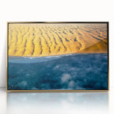 Mid-century modernist art depicting a serene Namibian landscape on a gold-framed acrylic, with earthy tones.