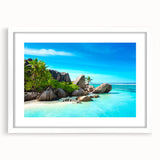Textured abstract art print depicting an African Seychelles scenery in muted earth tones, framed with a white mat.