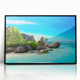 Large abstract wall art featuring a serene Seychelles landscape in muted earth tones on a framed acrylic.