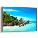Framed canvas featuring a vintage-style landscape painting of Seychelles with black and gold tones.
