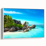 Vintage poster art of Seychelles scenery on framed canvas, featuring vibrant colors, ideal for living room decor.