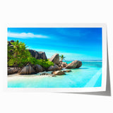 Extra large rolled print of Seychelles scenery with vibrant green and blue hues, suitable for dining room wall art.