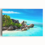Black and white stretched canvas of Seychelles scenery, ideal for kitchen wall art or bedroom ambiance.