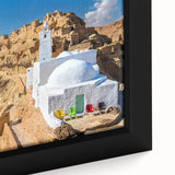 Extra large framed canvas depicting a textured, colorful Tunisian landscape in black, ideal for living room decor.