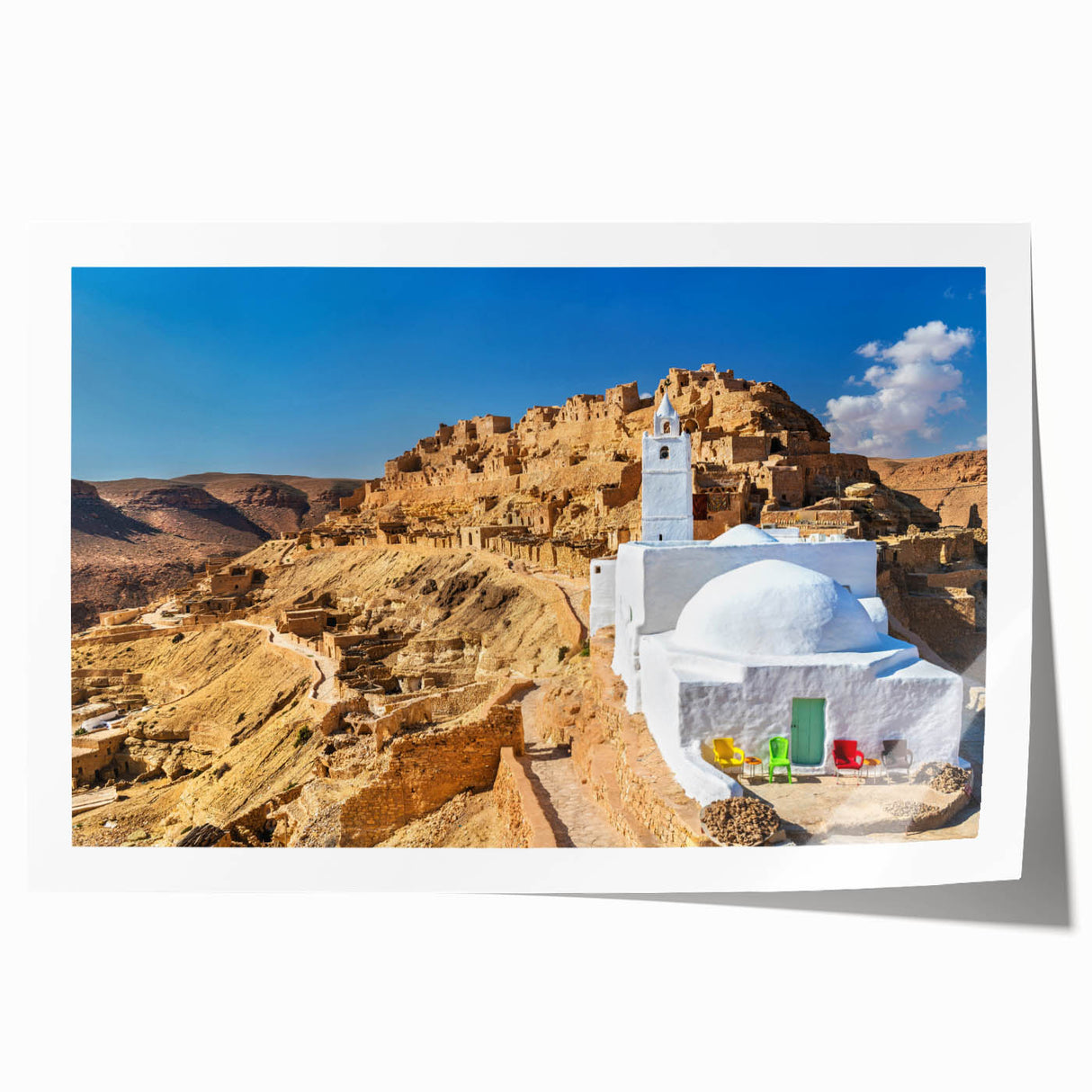 Extra large rolled print of a Tunisian landscape with vibrant floral elements, suitable for art wall dining room.