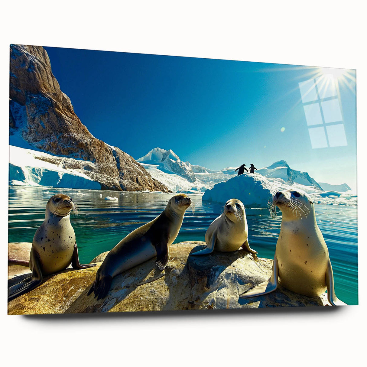 Antarctic landscape on large acrylic glass, featuring icy blue and white tones, ideal for bedroom or dining room art.