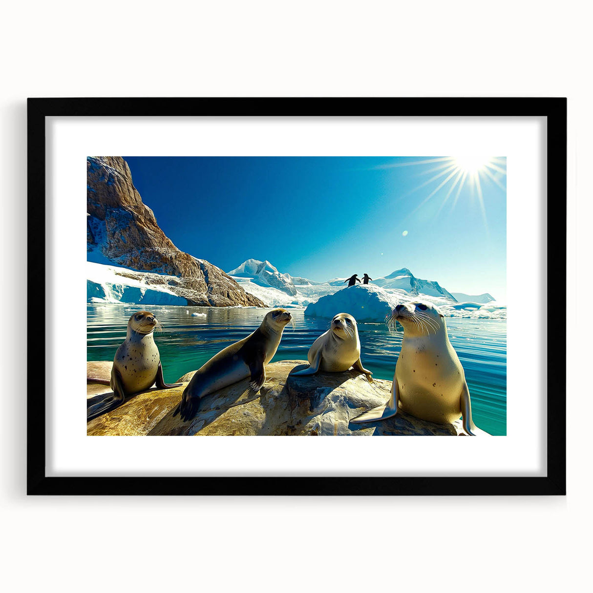 Extra large abstract art print of Antarctic scenery in vibrant colors on a textured canvas, framed with a black mat.