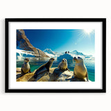 Extra large abstract art print of Antarctic scenery in vibrant colors on a textured canvas, framed with a black mat.