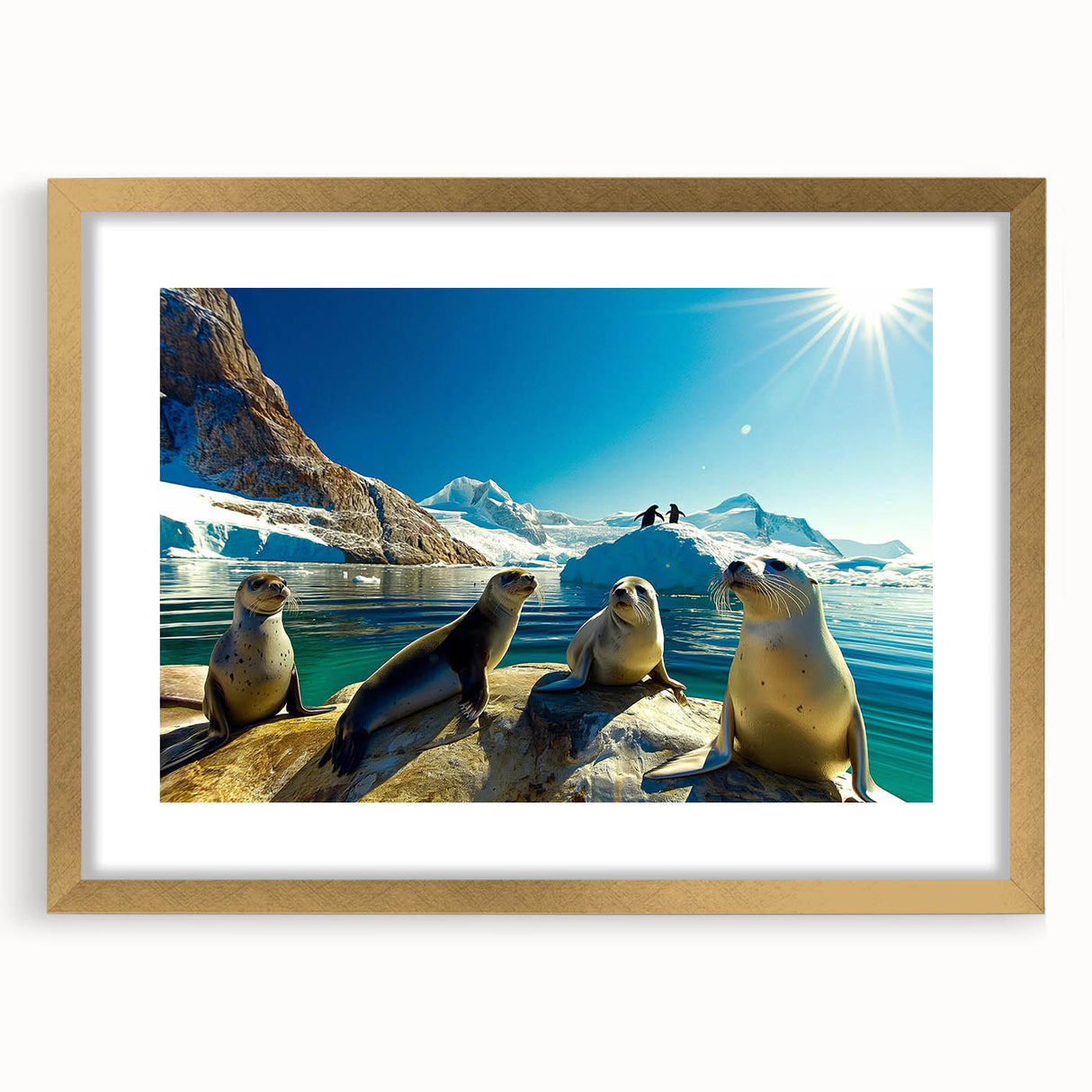 Extra large abstract art print of an Antarctic landscape in textured style, framed in gold, ideal for living room decor.