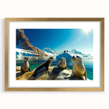 Extra large abstract art print of an Antarctic landscape in textured style, framed in gold, ideal for living room decor.