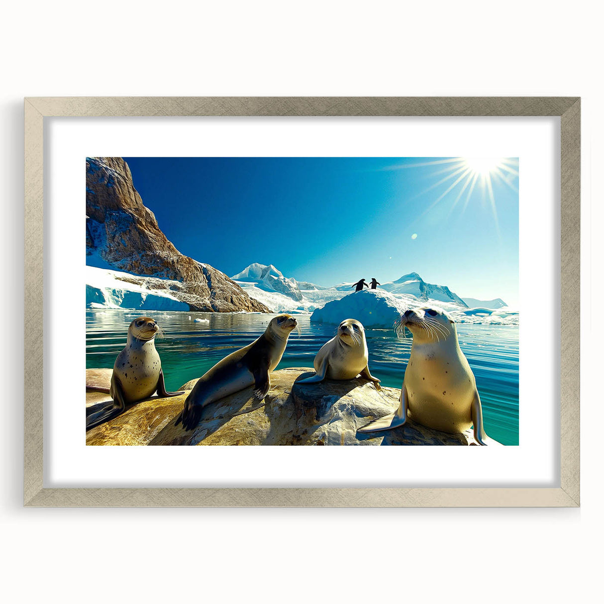Textured art print of an abstract Antarctic landscape in muted blue and white tones, framed with a silver mat.