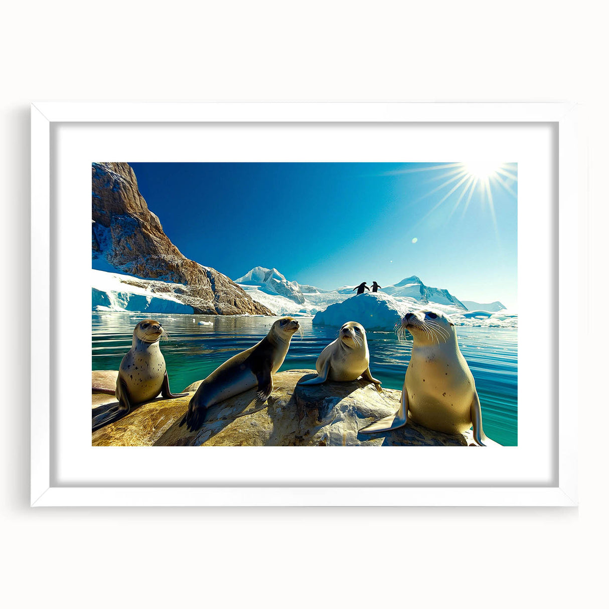 Abstract art print of an icy Antarctic landscape in muted blue and white tones on a framed canvas.