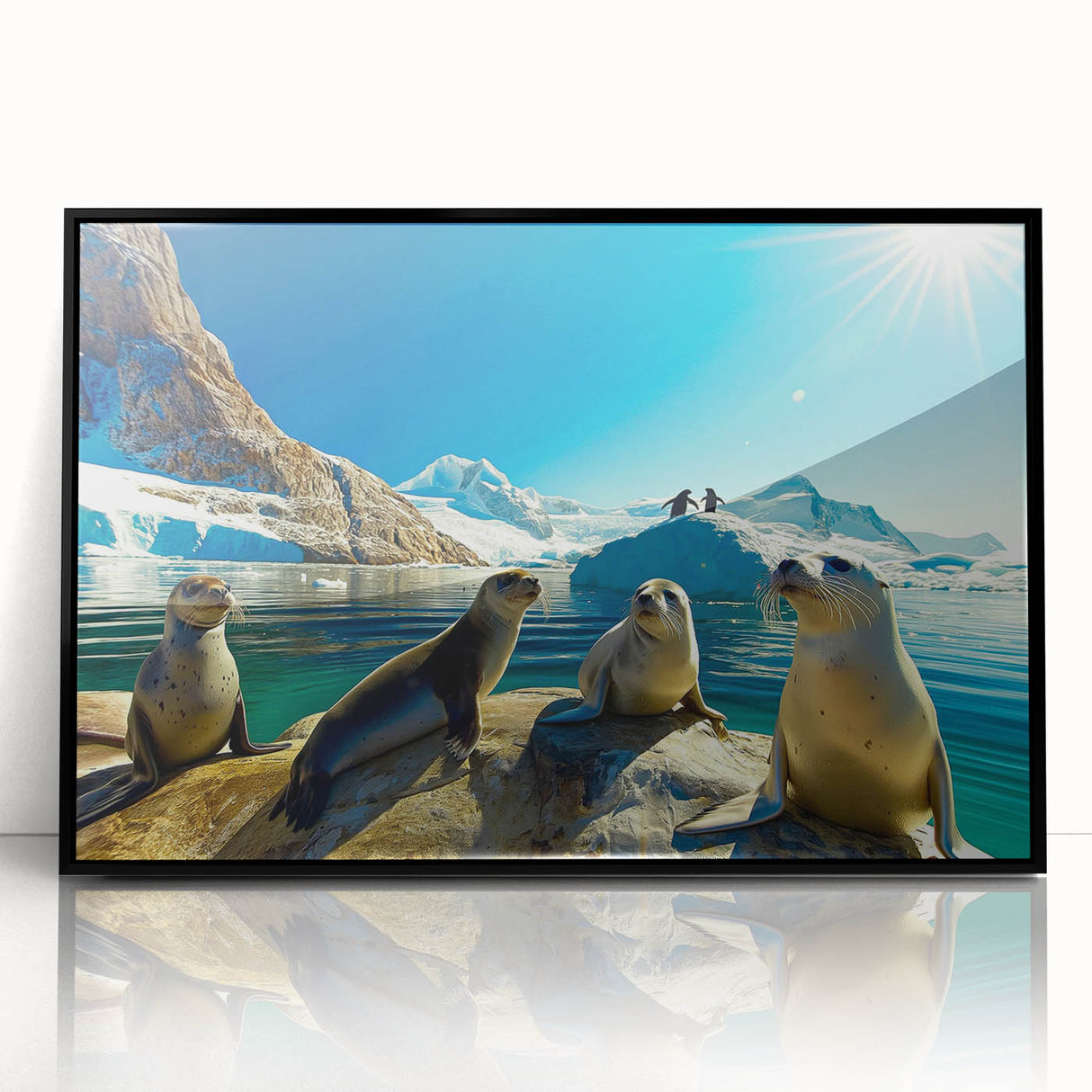 Large abstract wall art depicting a minimalist Antarctic scenery in black and white tones on framed acrylic.