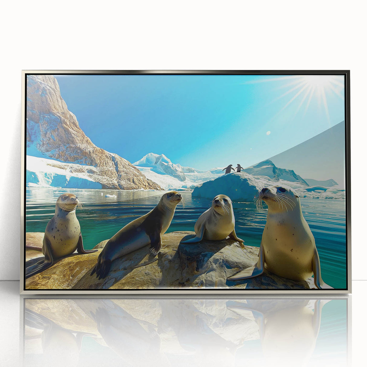 Mid-century modernist Antarctic scenery on a silver-framed acrylic print, featuring cool blue and white tones.