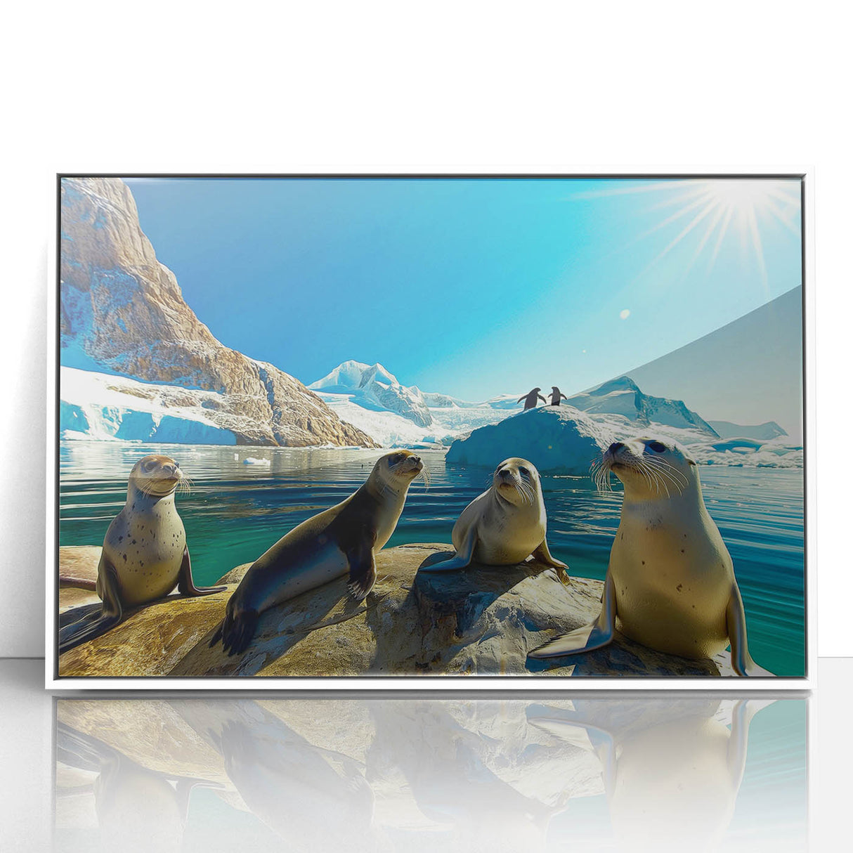 Antarctic landscape depicted in art deco style on a white framed acrylic, featuring icy blue and white tones.