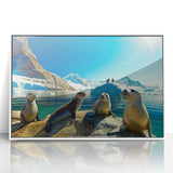 Antarctic landscape depicted in art deco style on a white framed acrylic, featuring icy blue and white tones.