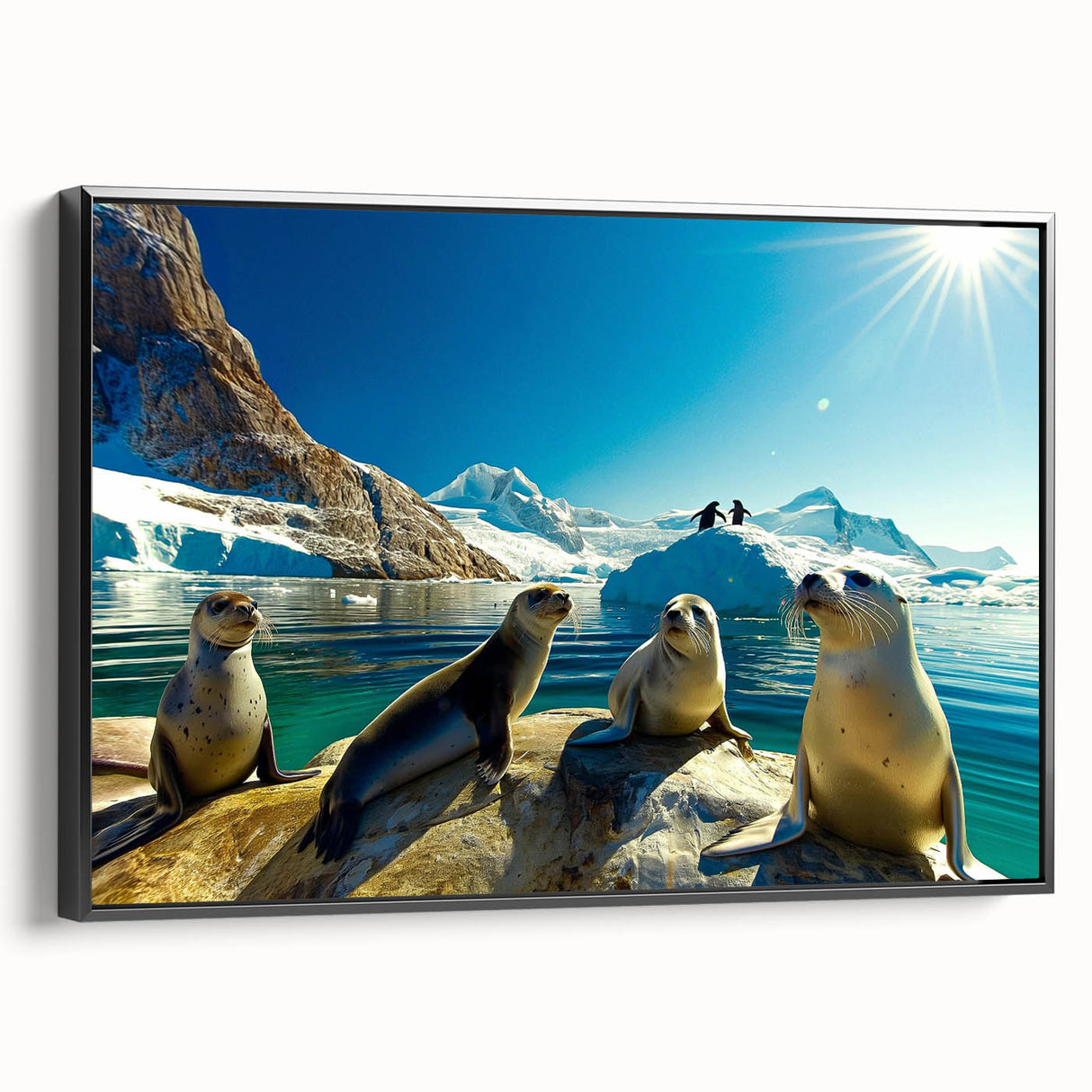 Black and white wall art of an Antarctic landscape on framed canvas, suitable for bedroom decor.