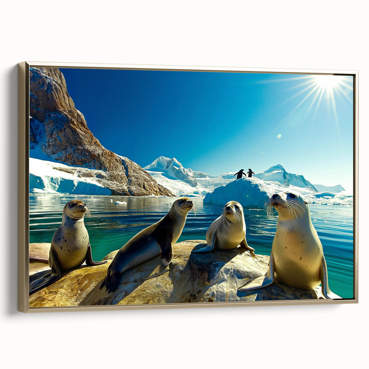 Framed canvas featuring a serene Antarctic landscape with muted blue and white tones, ideal for bedroom wall decor.