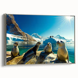 Landscape art painting of Antarctica with vibrant blue and white tones, framed in silver, ideal for modern office decor.