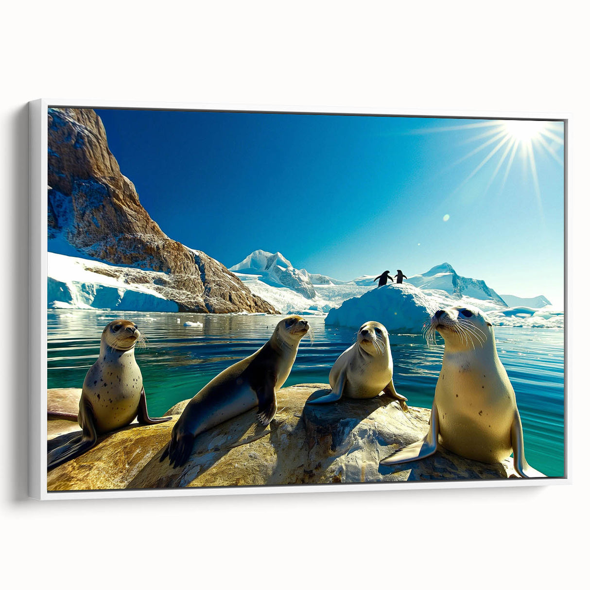 Vintage poster art of an Antarctic landscape on a framed canvas, featuring a monochrome palette with hints of color.