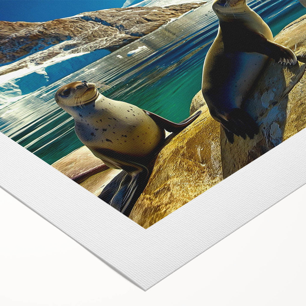Art deco poster of an Antarctic landscape on rolled canvas, featuring cool blue and white tones.