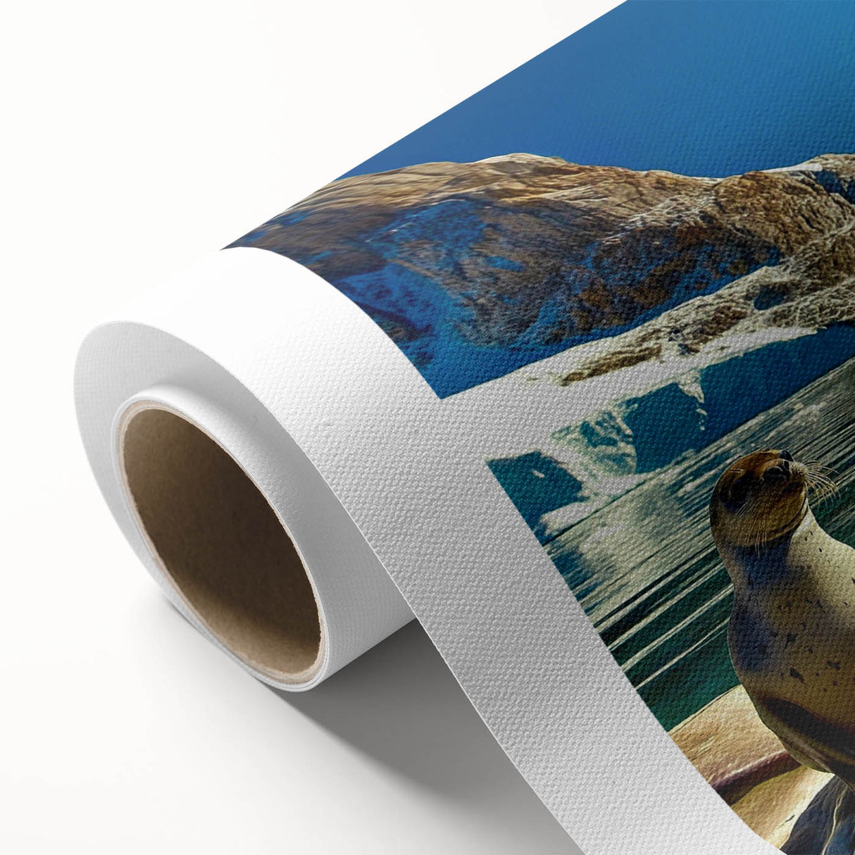 Art Deco style poster of an Antarctic landscape on rolled canvas, featuring cool blue and white tones.
