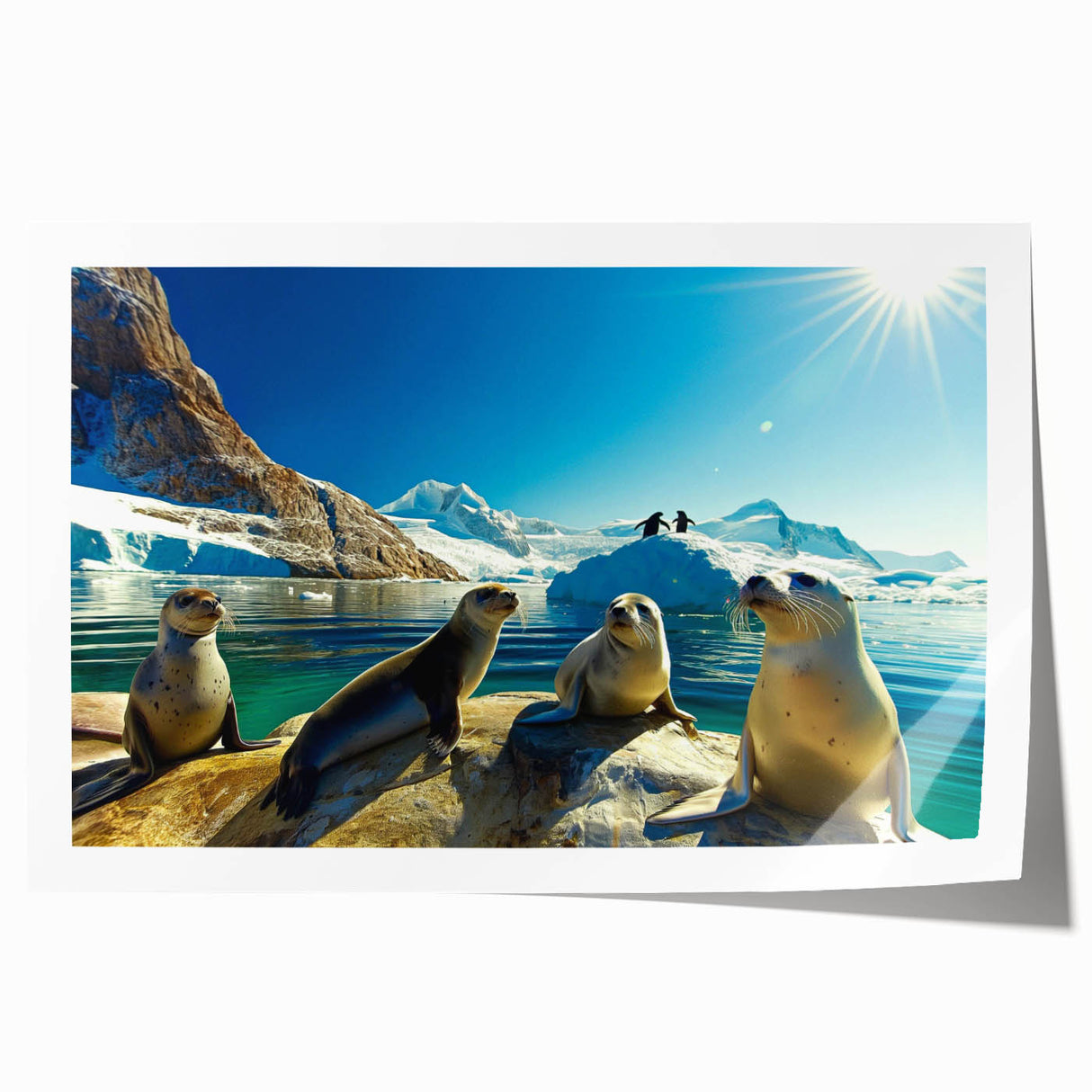 Antarctic landscape on rolled print featuring icy blues and whites, suitable for art wall dining room.