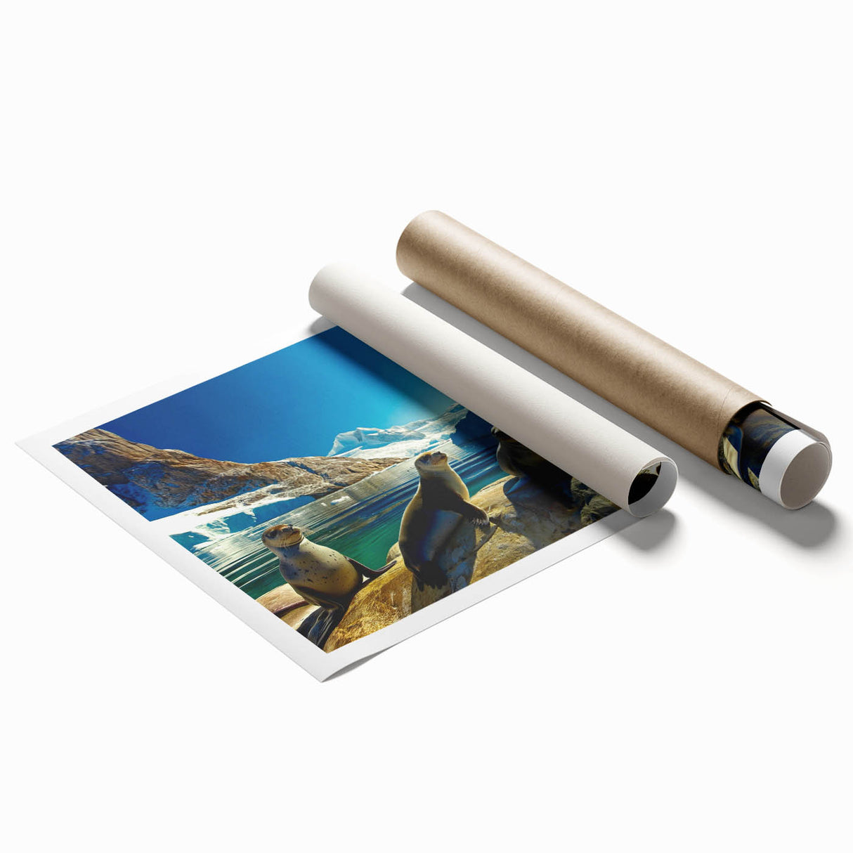 Extra large rolled print featuring a serene Antarctic landscape with muted blue and white tones.