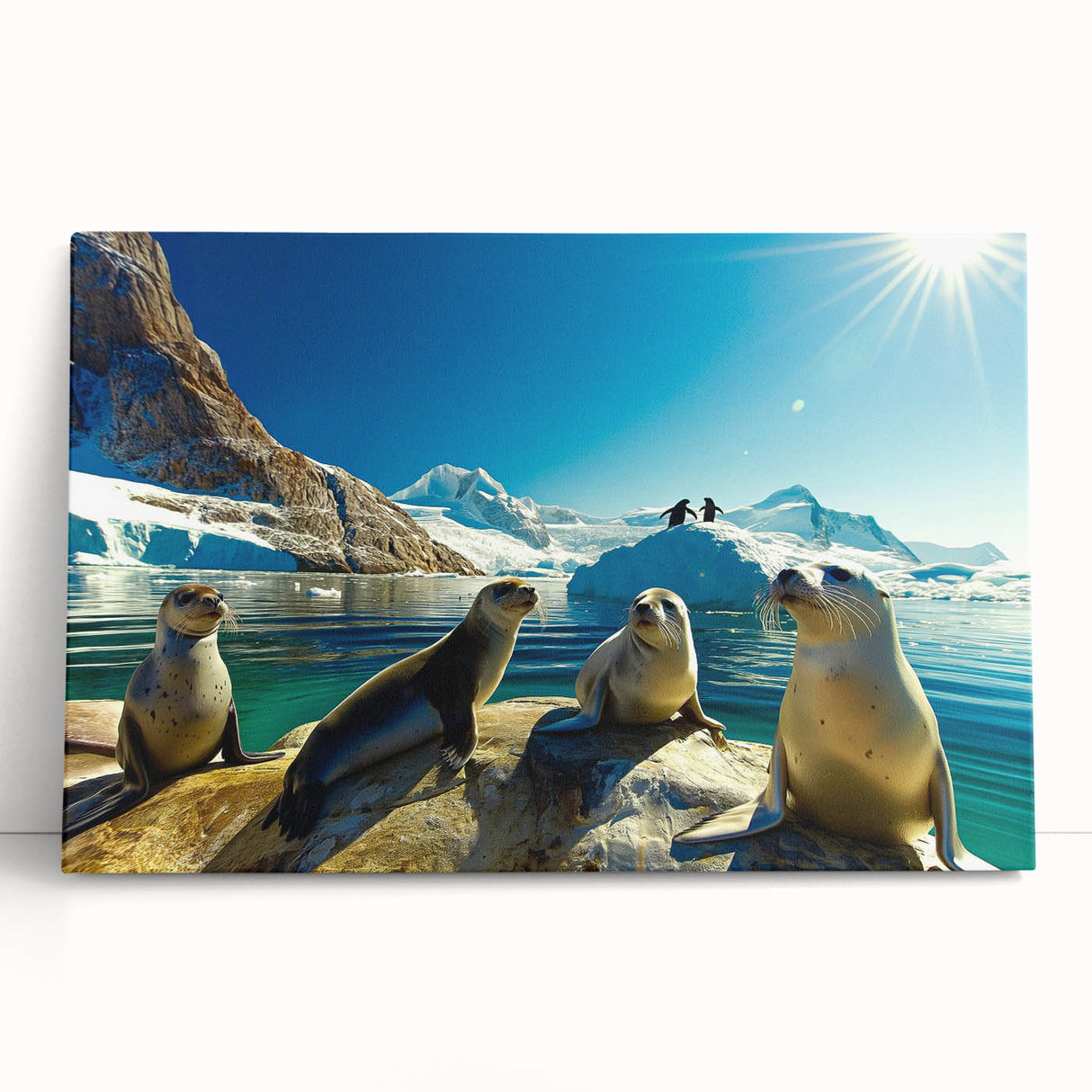 Black and white photograph of Antarctic scenery on large stretched canvas, ideal for kitchen wall art or bedroom ambiance.