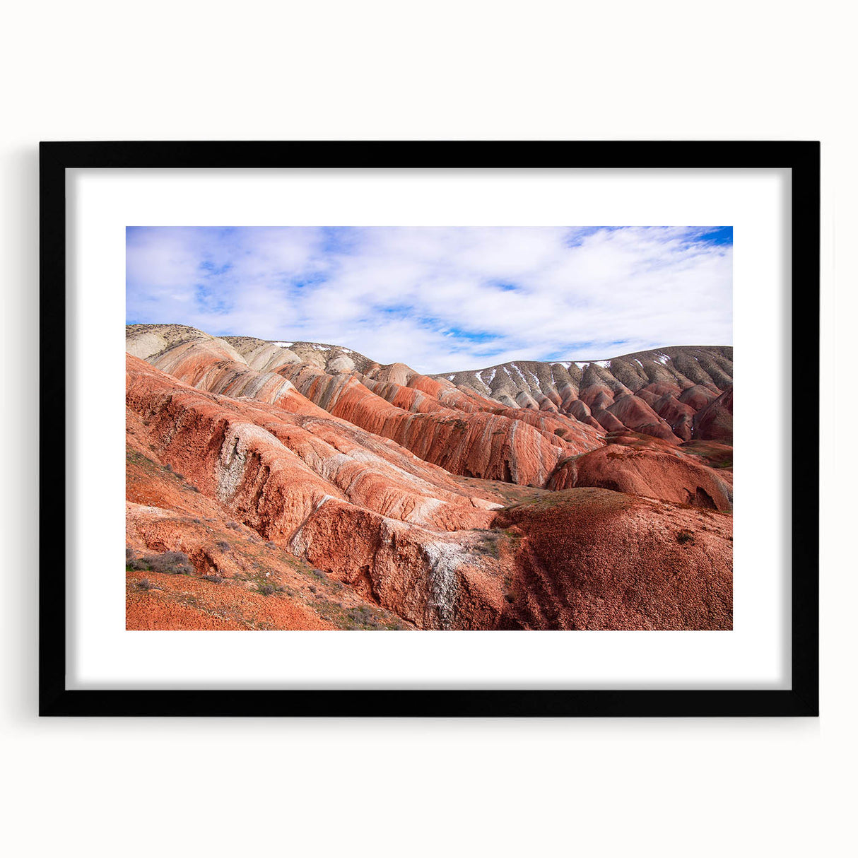 Extra large abstract art print featuring vibrant, colorful textures on a black framed canvas, ideal for living room decor.