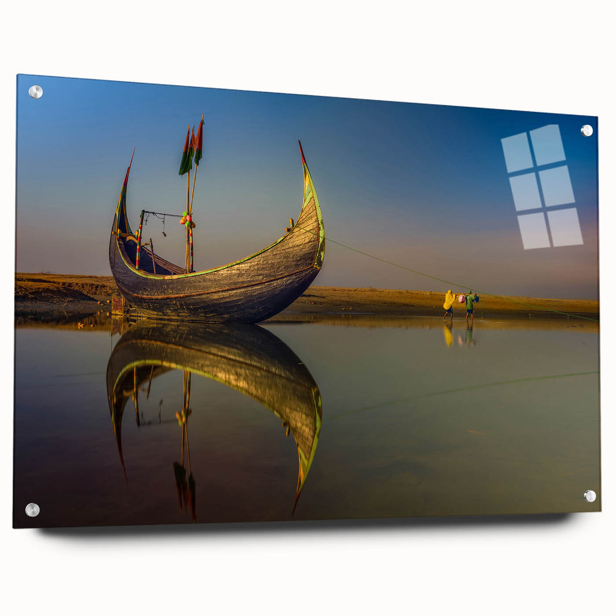 Large abstract wall art depicting a serene Bangladeshi landscape in muted greens and blues, acrylic print.