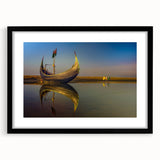 Extra large abstract art print with vibrant, textured colors depicting an Asian scenery, framed in black.